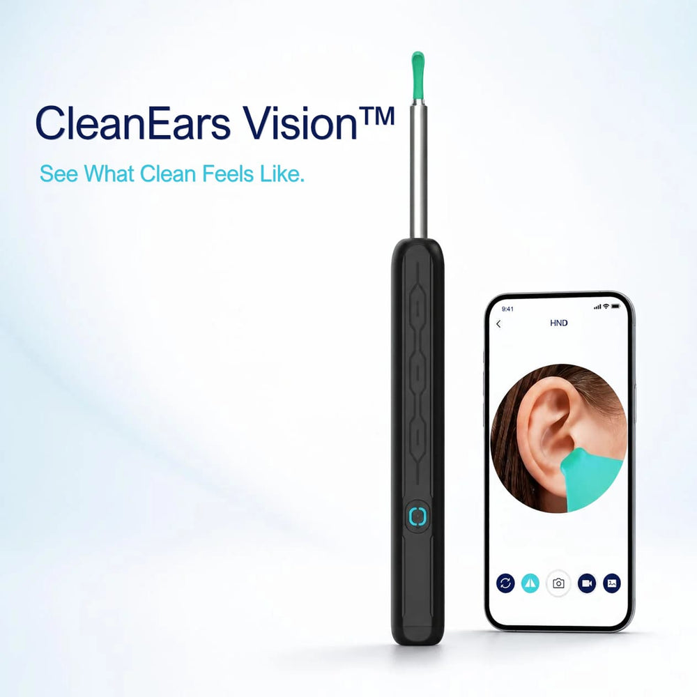 CleanEars Vision ear-cleaning device shown upright next to a smartphone displaying an ear visualization screen, on a clean white background with promotional text.