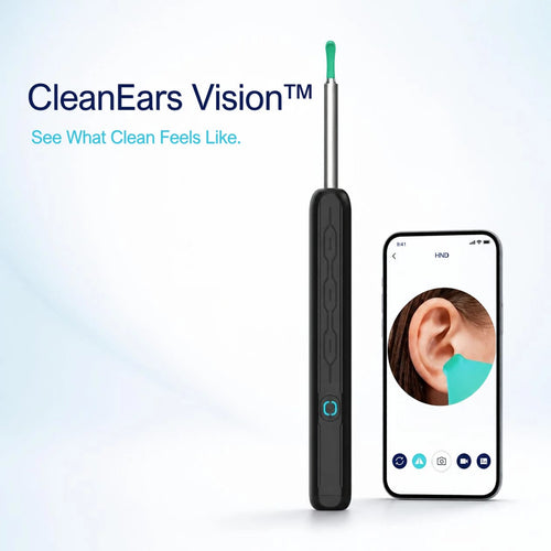 CleanEars Vision ear-cleaning device shown upright next to a smartphone displaying an ear visualization screen, on a clean white background with promotional text.